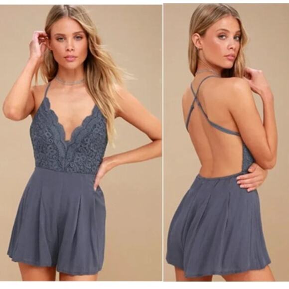 Lulus Star Spangled Indigo Backless Lace Romper (L) - Picture 1 of 14
